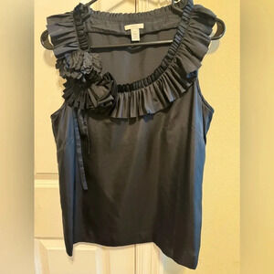 J. Crew Black Sleeveless Ruffle Neck Floral Applique Top